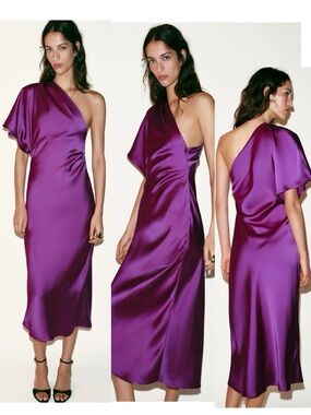 ZARA Asymmetric Satin Midi Dress Purple One Shoulder Draped Sleeve Cocktail XL